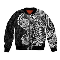 Hawaiian Manta Ray and Hammerhead Shark Tribal Tattoo Bomber Jacket with Polynesian Tribal Pattern Black-White Color