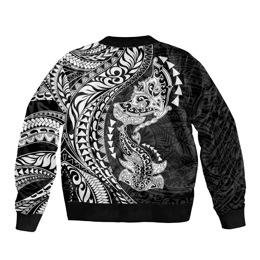Hawaiian Manta Ray and Hammerhead Shark Tribal Tattoo Bomber Jacket with Polynesian Tribal Pattern Black-White Color