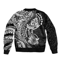 Hawaiian Manta Ray and Hammerhead Shark Tribal Tattoo Bomber Jacket with Polynesian Tribal Pattern Black-White Color
