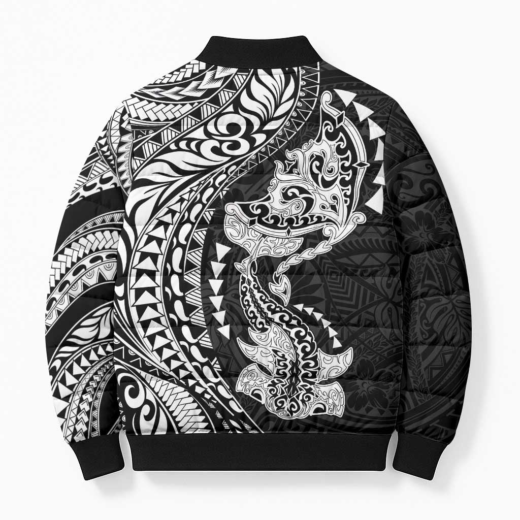 Hawaiian Manta Ray and Hammerhead Shark Tribal Tattoo Bomber Puffer Jacket with Polynesian Tribal Pattern Black-White Color LT03 - Polynesian Pride