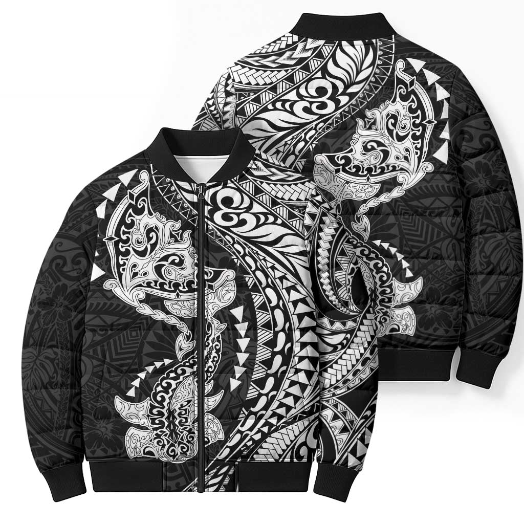 Hawaiian Manta Ray and Hammerhead Shark Tribal Tattoo Bomber Puffer Jacket with Polynesian Tribal Pattern Black-White Color LT03 - Polynesian Pride