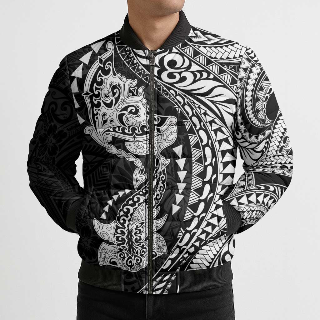 Hawaiian Manta Ray and Hammerhead Shark Tribal Tattoo Bomber Puffer Jacket with Polynesian Tribal Pattern Black-White Color LT03 - Polynesian Pride