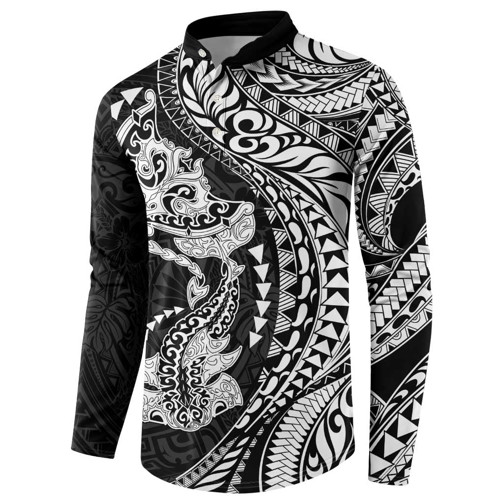 Hawaiian Manta Ray and Hammerhead Shark Tribal Tattoo Button Sweatshirt with Polynesian Tribal Pattern Black-White Color LT03 - Polynesian Pride