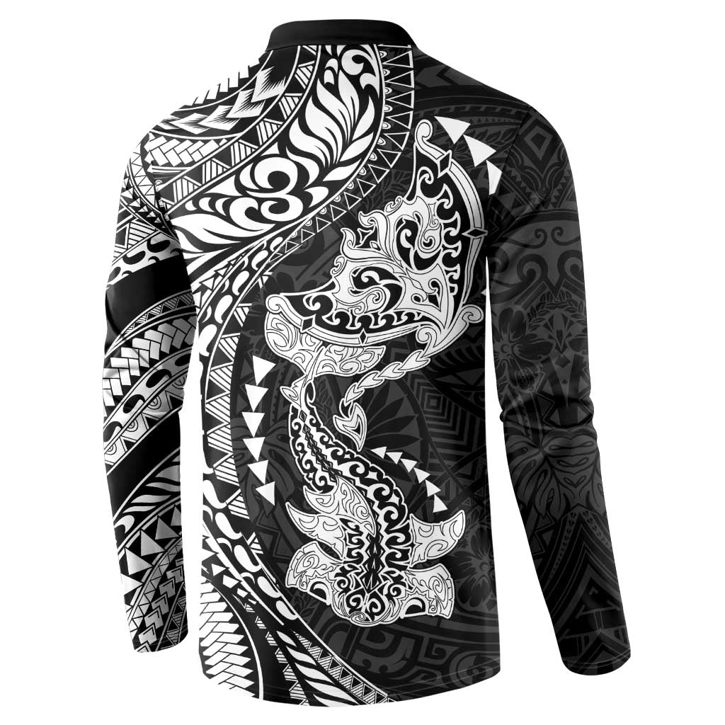 Hawaiian Manta Ray and Hammerhead Shark Tribal Tattoo Button Sweatshirt with Polynesian Tribal Pattern Black-White Color LT03 - Polynesian Pride