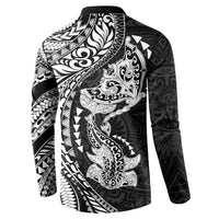 Hawaiian Manta Ray and Hammerhead Shark Tribal Tattoo Button Sweatshirt with Polynesian Tribal Pattern Black-White Color LT03 - Polynesian Pride