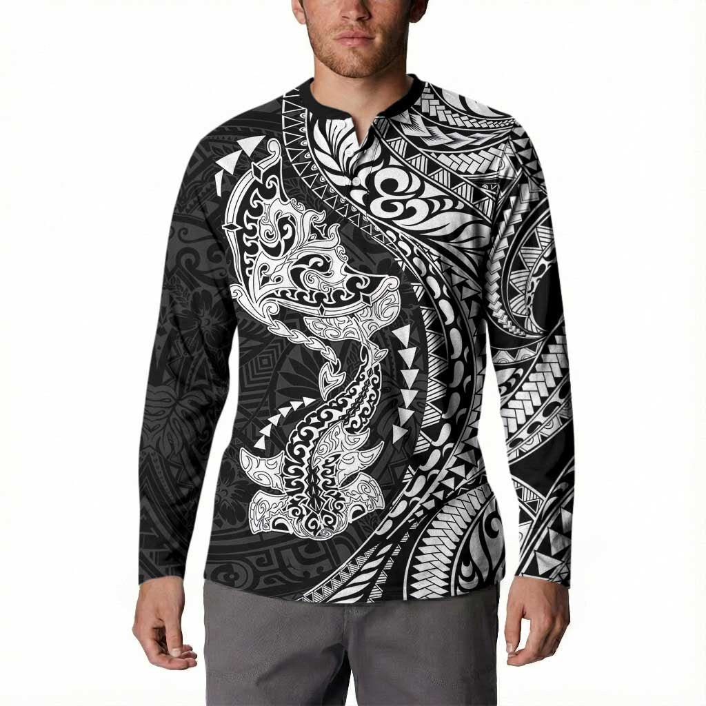 Hawaiian Manta Ray and Hammerhead Shark Tribal Tattoo Button Sweatshirt with Polynesian Tribal Pattern Black-White Color LT03 - Polynesian Pride