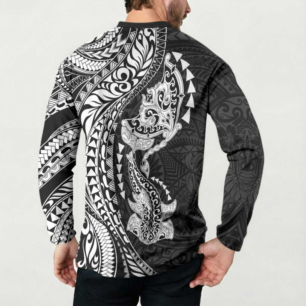Hawaiian Manta Ray and Hammerhead Shark Tribal Tattoo Button Sweatshirt with Polynesian Tribal Pattern Black-White Color LT03 - Polynesian Pride