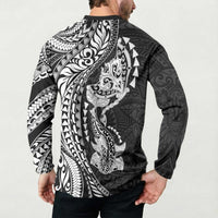 Hawaiian Manta Ray and Hammerhead Shark Tribal Tattoo Button Sweatshirt with Polynesian Tribal Pattern Black-White Color LT03 - Polynesian Pride