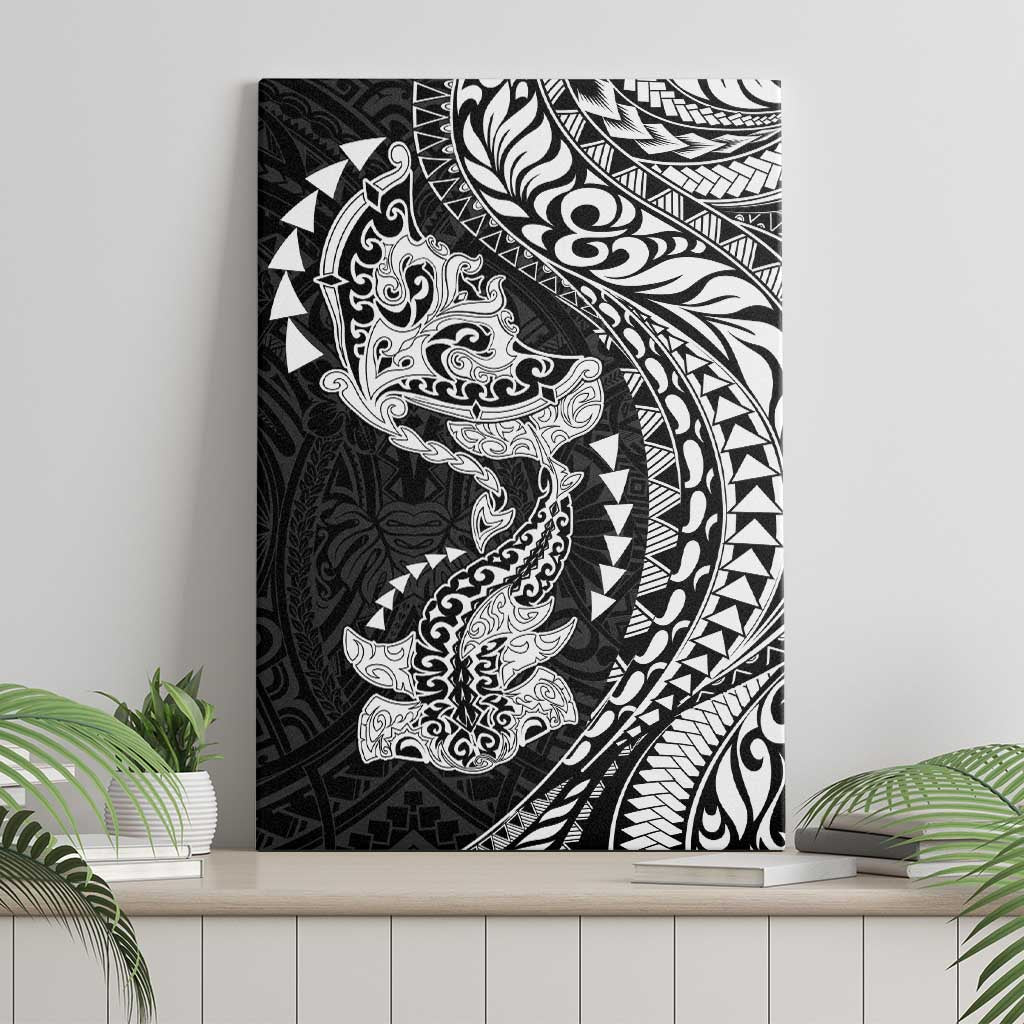Hawaiian Manta Ray and Hammerhead Shark Tribal Tattoo Canvas Wall Art with Polynesian Tribal Pattern Black-White Color LT03 - Polynesian Pride