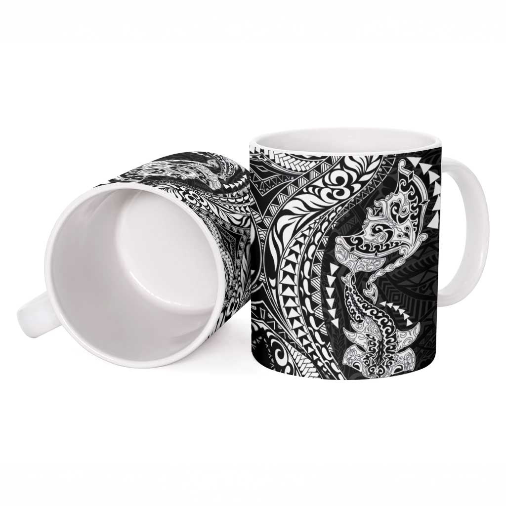Hawaiian Manta Ray and Hammerhead Shark Tribal Tattoo Ceramic Mug with Polynesian Tribal Pattern Black-White Color LT03 - Polynesian Pride