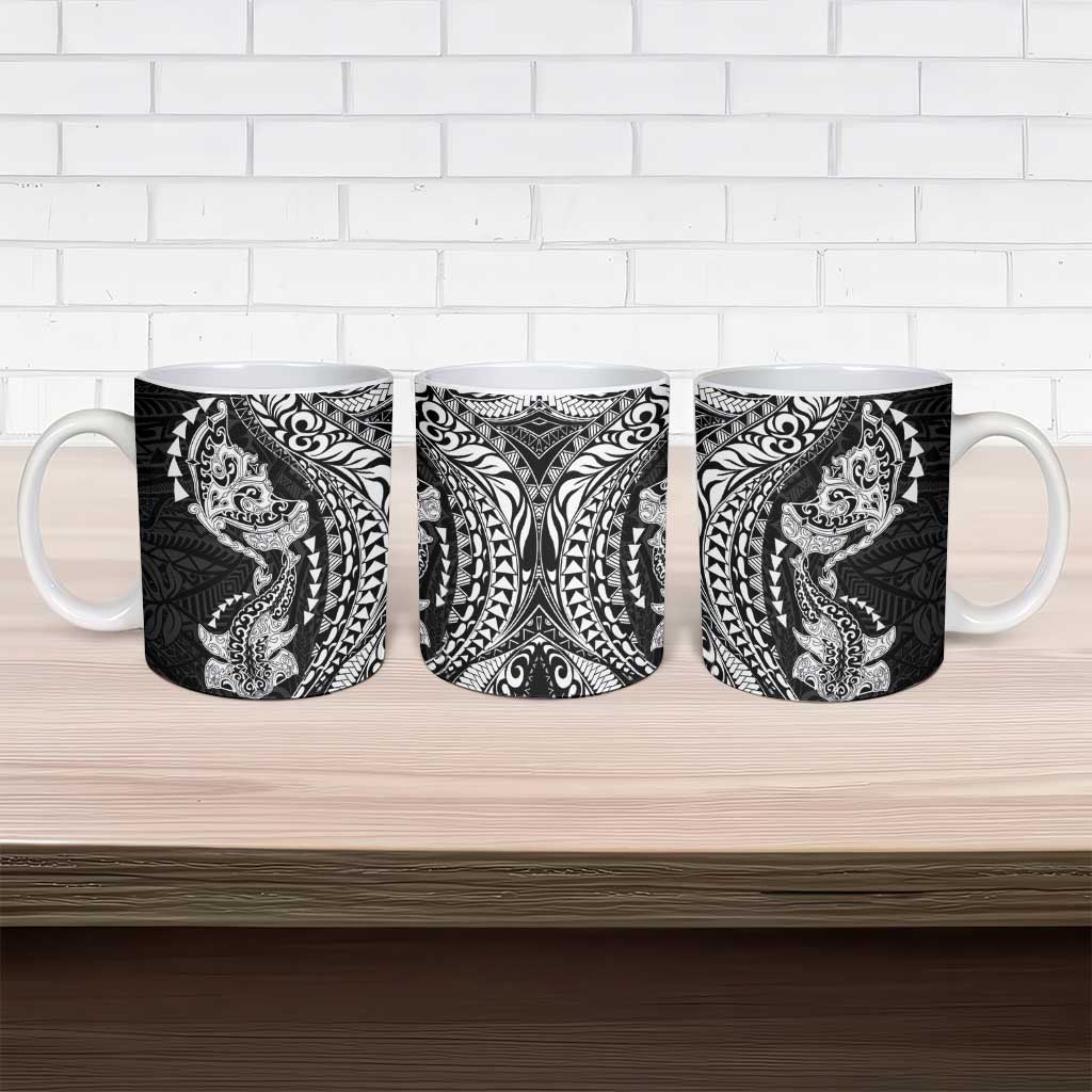Hawaiian Manta Ray and Hammerhead Shark Tribal Tattoo Ceramic Mug with Polynesian Tribal Pattern Black-White Color LT03 - Polynesian Pride
