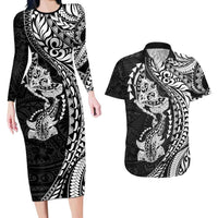 Hawaiian Manta Ray and Hammerhead Shark Tribal Tattoo Couples Matching Long Sleeve Bodycon Dress and Hawaiian Shirt with Polynesian Tribal Pattern Black-White Color