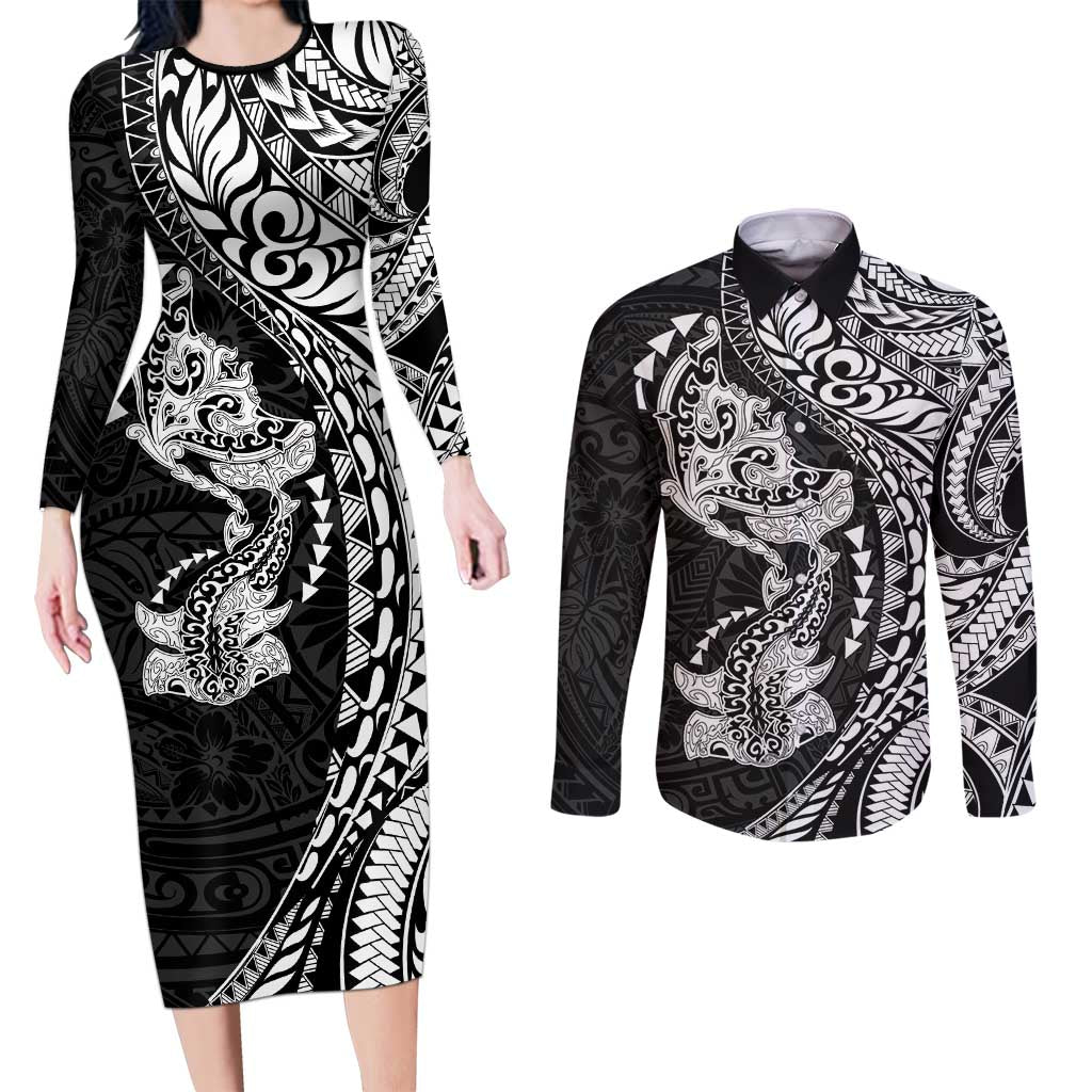 Hawaiian Manta Ray and Hammerhead Shark Tribal Tattoo Couples Matching Long Sleeve Bodycon Dress and Long Sleeve Button Shirt with Polynesian Tribal Pattern Black-White Color LT03 Multicolor - Polynesian Pride