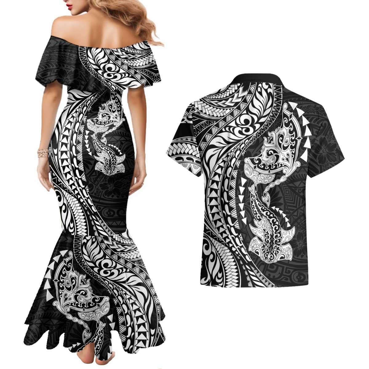 Hawaiian Manta Ray and Hammerhead Shark Tribal Tattoo Couples Matching Mermaid Dress and Hawaiian Shirt with Polynesian Tribal Pattern Black-White Color
