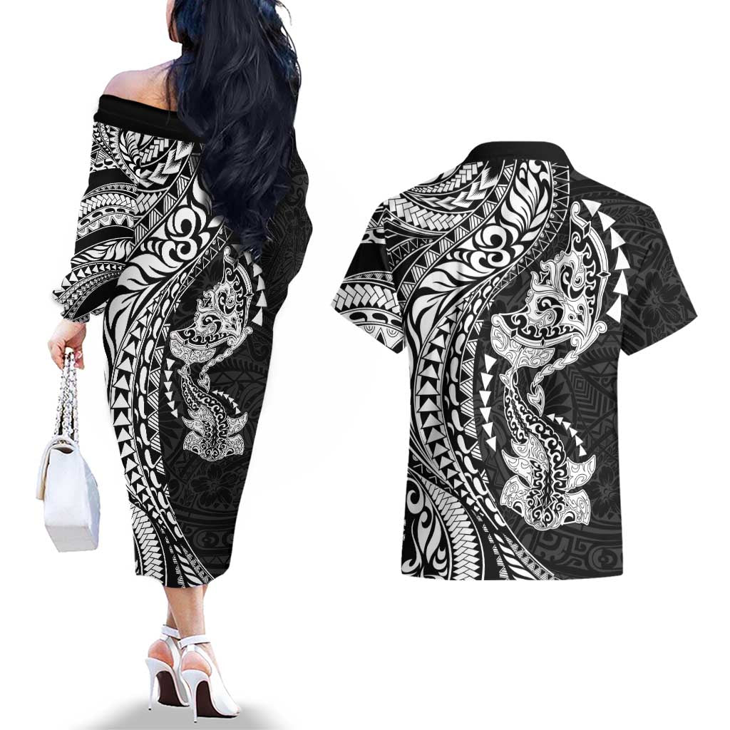 Hawaiian Manta Ray and Hammerhead Shark Tribal Tattoo Couples Matching Off The Shoulder Long Sleeve Dress and Hawaiian Shirt with Polynesian Tribal Pattern Black-White Color
