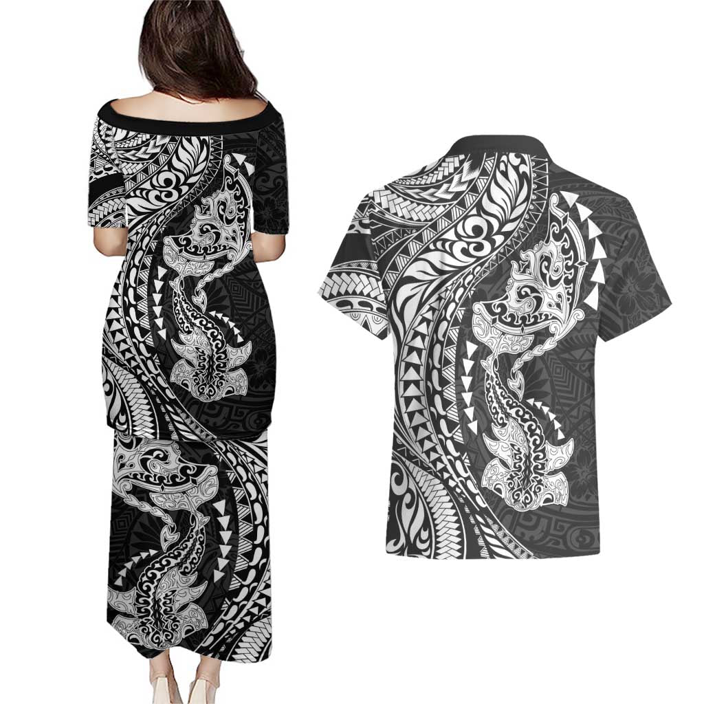 Hawaiian Manta Ray and Hammerhead Shark Tribal Tattoo Couples Matching Puletasi and Hawaiian Shirt with Polynesian Tribal Pattern Black-White Color