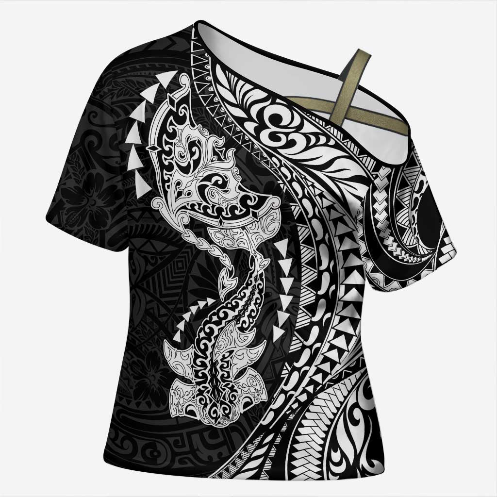 Hawaiian Manta Ray and Hammerhead Shark Tribal Tattoo Cross Shoulder Shirt with Polynesian Tribal Pattern Black-White Color LT03 Female Multicolor - Polynesian Pride