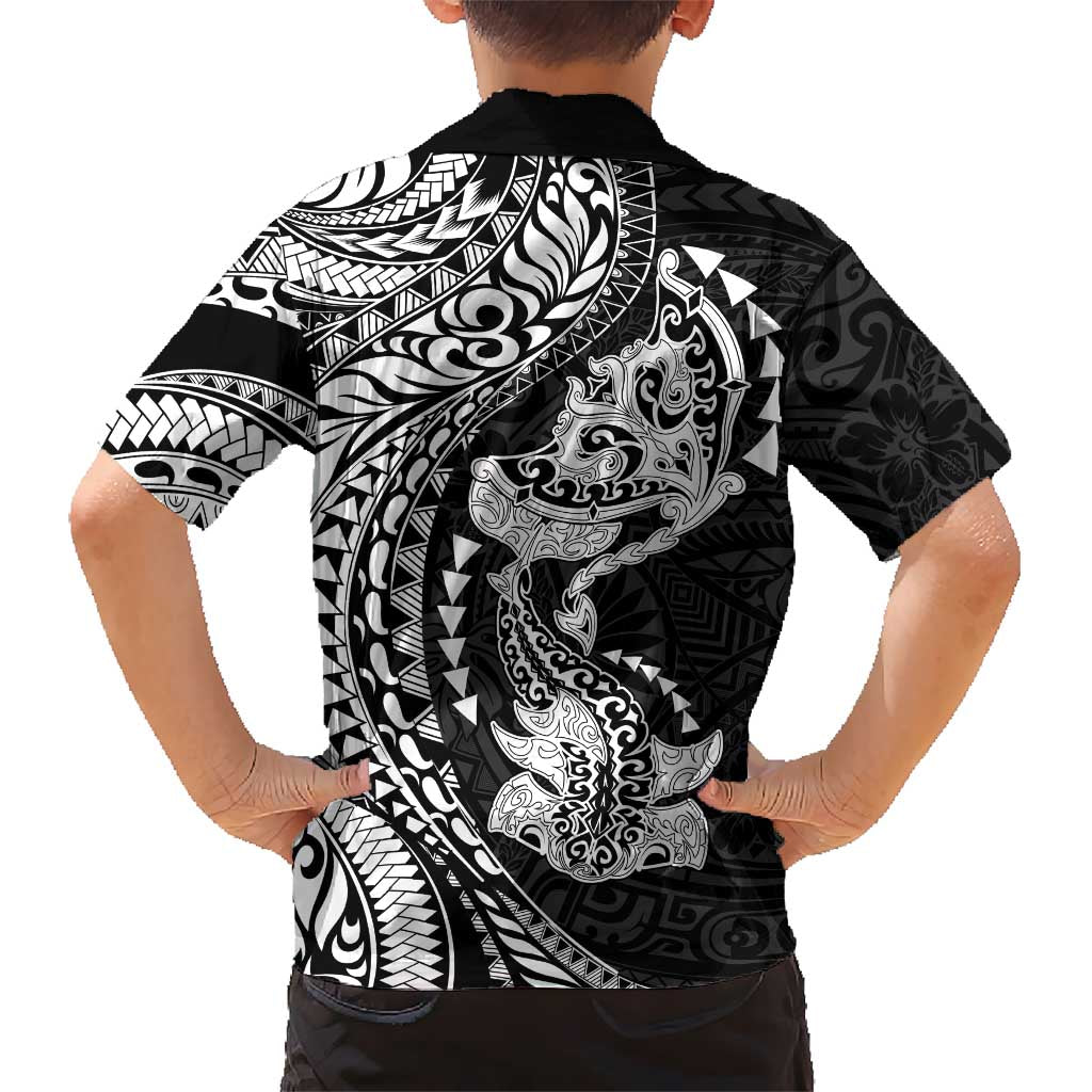 Hawaiian Manta Ray and Hammerhead Shark Tribal Tattoo Family Matching Long Sleeve Bodycon Dress and Hawaiian Shirt with Polynesian Tribal Pattern Black-White Color