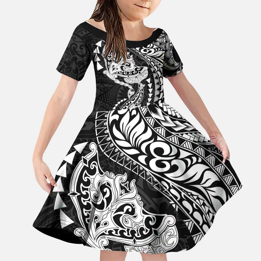 Hawaiian Manta Ray and Hammerhead Shark Tribal Tattoo Family Matching Long Sleeve Bodycon Dress and Hawaiian Shirt with Polynesian Tribal Pattern Black-White Color