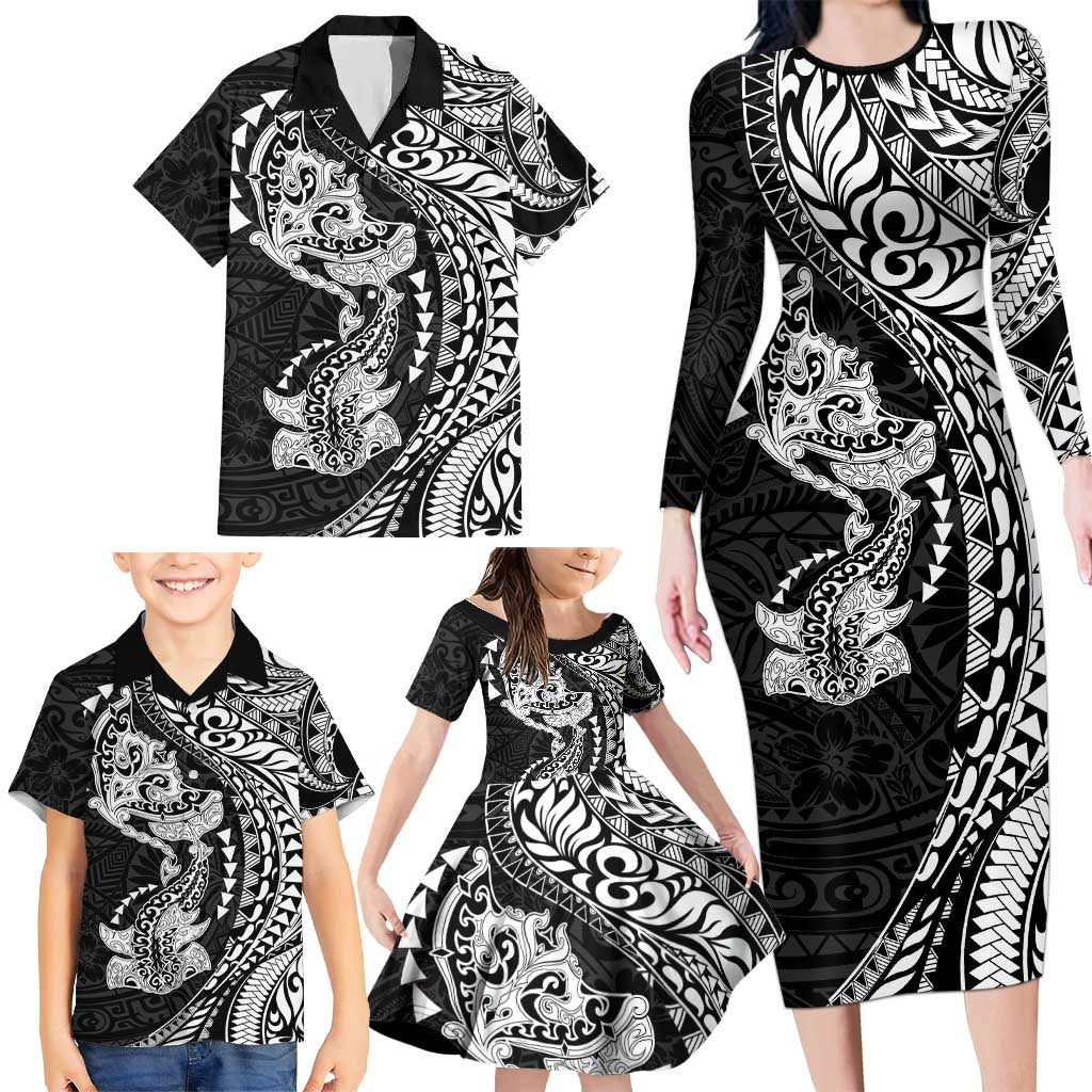 Hawaiian Manta Ray and Hammerhead Shark Tribal Tattoo Family Matching Long Sleeve Bodycon Dress and Hawaiian Shirt with Polynesian Tribal Pattern Black-White Color LT03 - Polynesian Pride