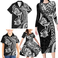 Hawaiian Manta Ray and Hammerhead Shark Tribal Tattoo Family Matching Long Sleeve Bodycon Dress and Hawaiian Shirt with Polynesian Tribal Pattern Black-White Color