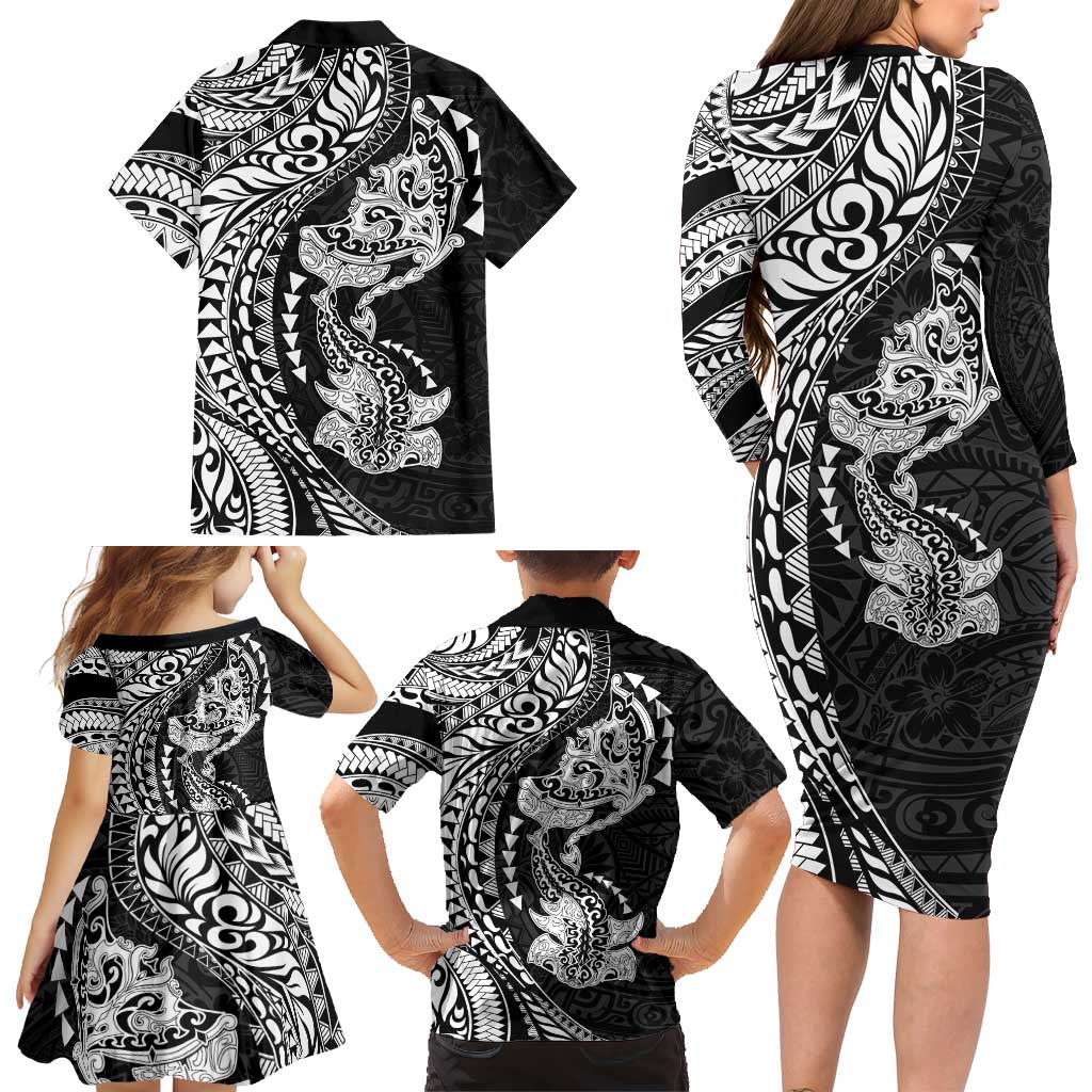Hawaiian Manta Ray and Hammerhead Shark Tribal Tattoo Family Matching Long Sleeve Bodycon Dress and Hawaiian Shirt with Polynesian Tribal Pattern Black-White Color