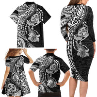 Hawaiian Manta Ray and Hammerhead Shark Tribal Tattoo Family Matching Long Sleeve Bodycon Dress and Hawaiian Shirt with Polynesian Tribal Pattern Black-White Color