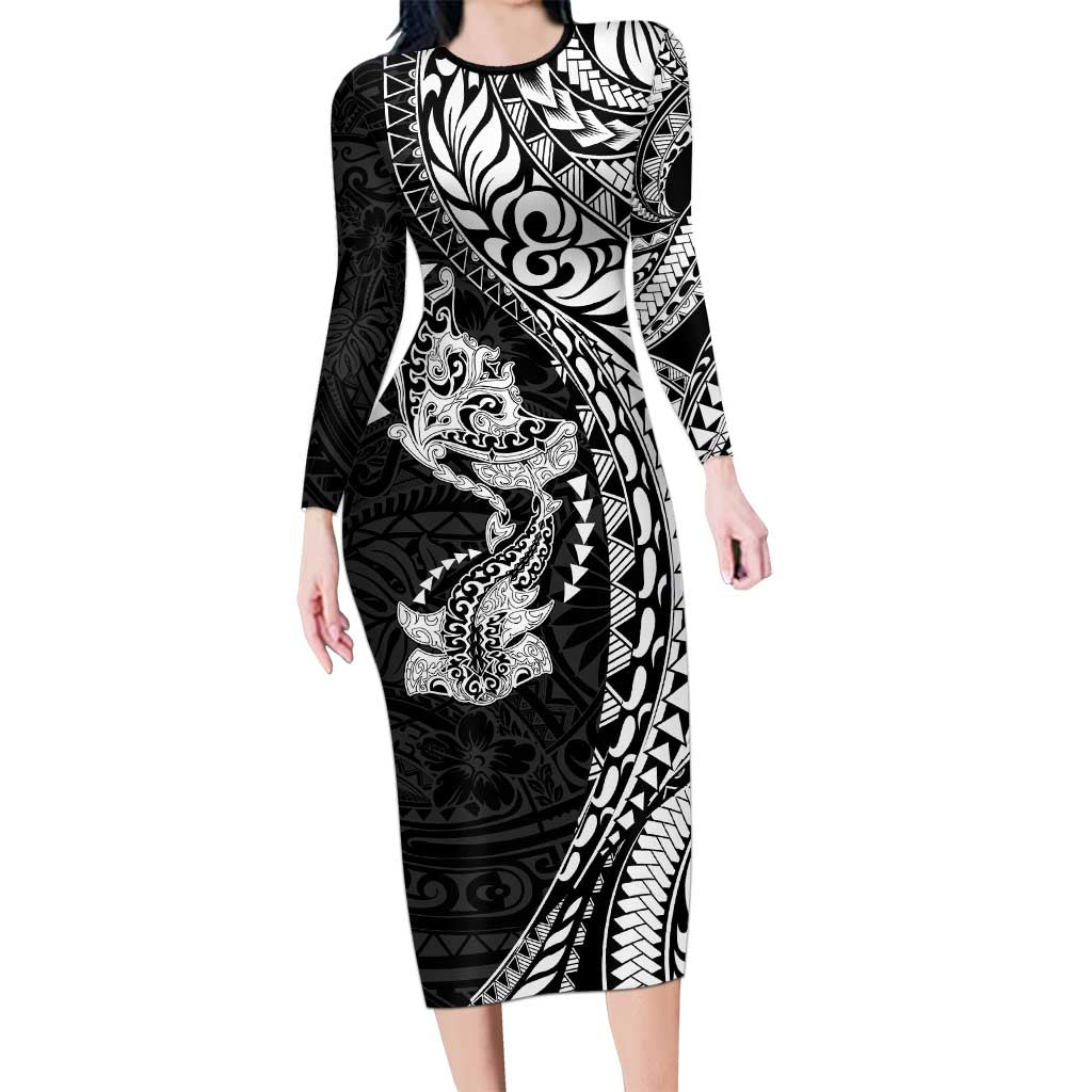 Hawaiian Manta Ray and Hammerhead Shark Tribal Tattoo Family Matching Long Sleeve Bodycon Dress and Hawaiian Shirt with Polynesian Tribal Pattern Black-White Color