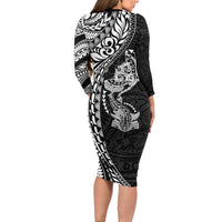 Hawaiian Manta Ray and Hammerhead Shark Tribal Tattoo Family Matching Long Sleeve Bodycon Dress and Hawaiian Shirt with Polynesian Tribal Pattern Black-White Color