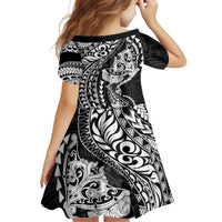 Hawaiian Manta Ray and Hammerhead Shark Tribal Tattoo Family Matching Off The Shoulder Long Sleeve Dress and Hawaiian Shirt with Polynesian Tribal Pattern Black-White Color
