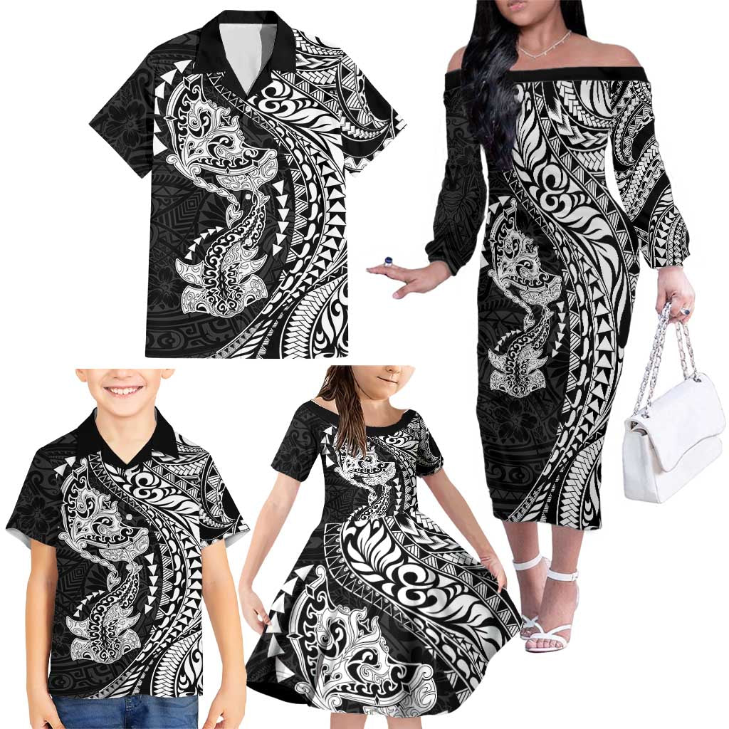 Hawaiian Manta Ray and Hammerhead Shark Tribal Tattoo Family Matching Off The Shoulder Long Sleeve Dress and Hawaiian Shirt with Polynesian Tribal Pattern Black-White Color LT03 - Polynesian Pride