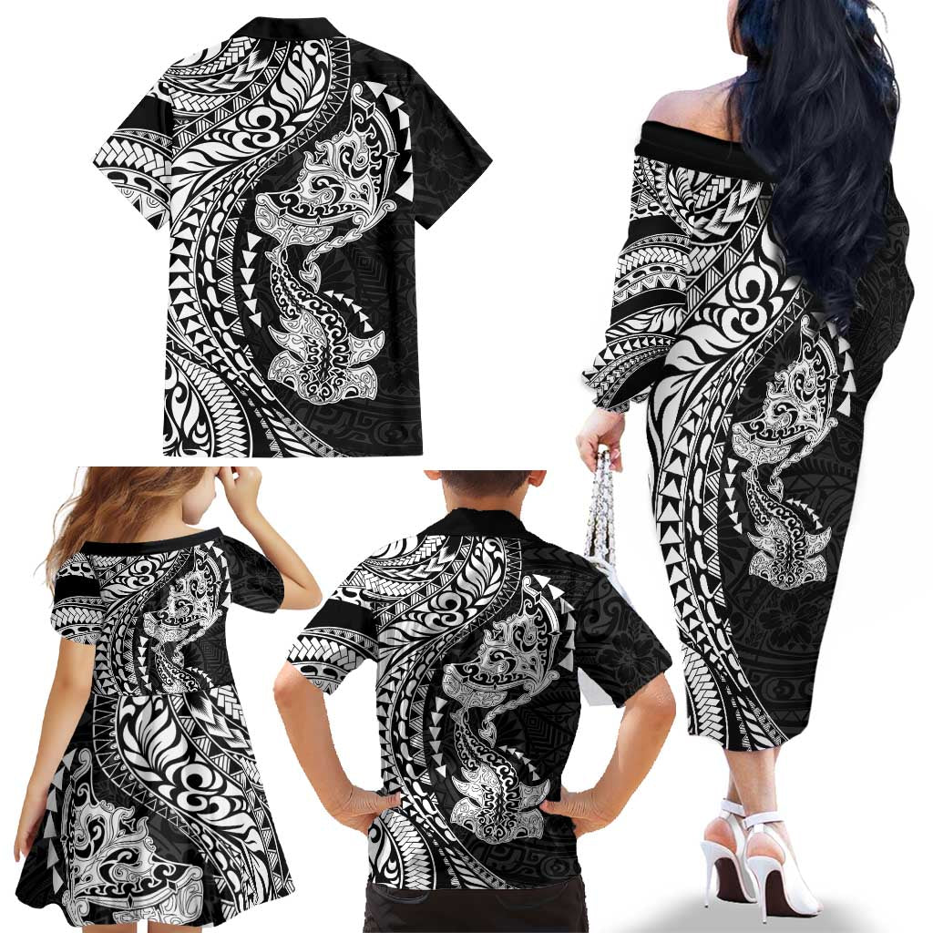 Hawaiian Manta Ray and Hammerhead Shark Tribal Tattoo Family Matching Off The Shoulder Long Sleeve Dress and Hawaiian Shirt with Polynesian Tribal Pattern Black-White Color