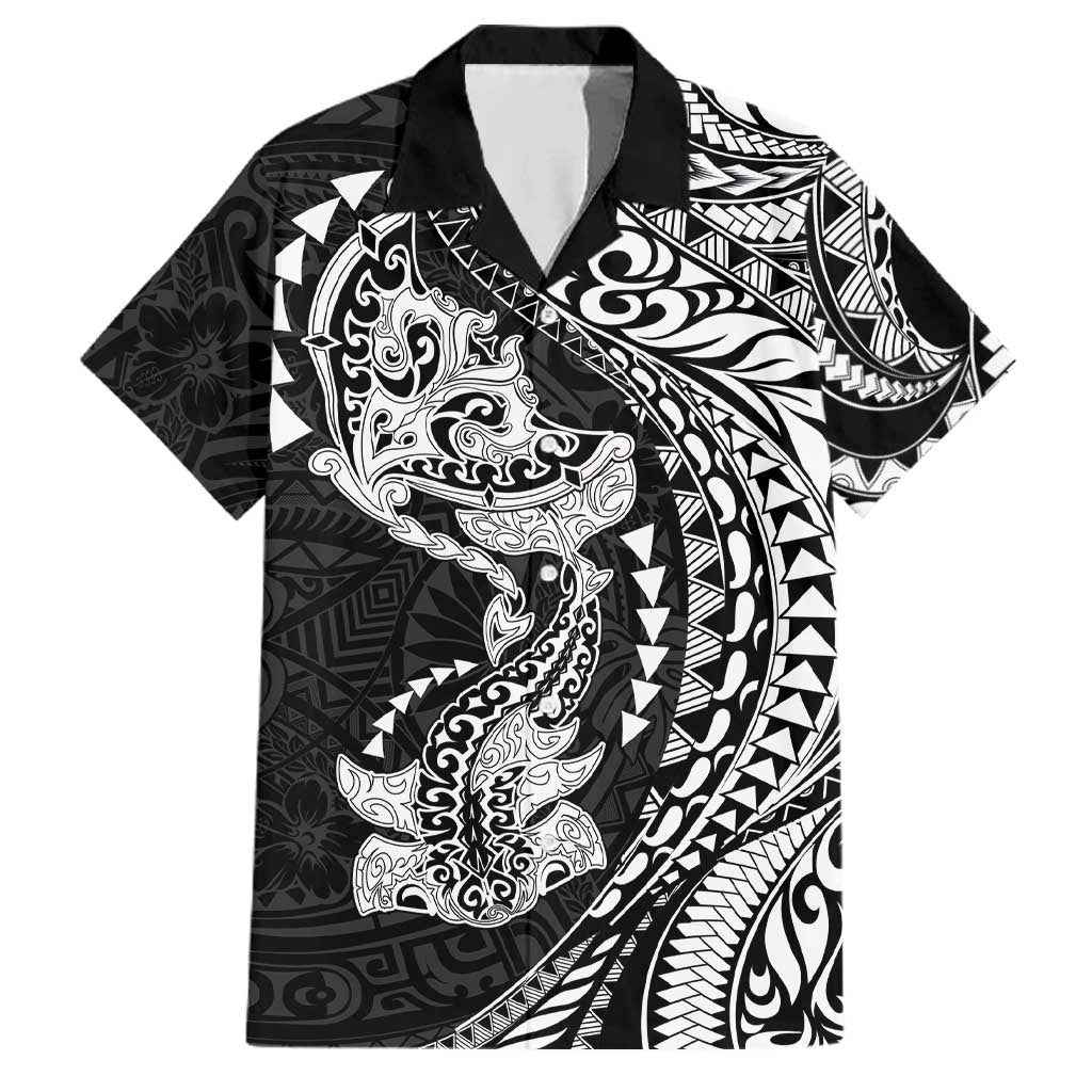 Hawaiian Manta Ray and Hammerhead Shark Tribal Tattoo Family Matching Off The Shoulder Long Sleeve Dress and Hawaiian Shirt with Polynesian Tribal Pattern Black-White Color