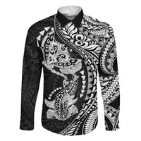 Hawaiian Manta Ray and Hammerhead Shark Tribal Tattoo Family Matching Off The Shoulder Long Sleeve Dress and Hawaiian Shirt with Polynesian Tribal Pattern Black-White Color
