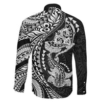 Hawaiian Manta Ray and Hammerhead Shark Tribal Tattoo Family Matching Off The Shoulder Long Sleeve Dress and Hawaiian Shirt with Polynesian Tribal Pattern Black-White Color
