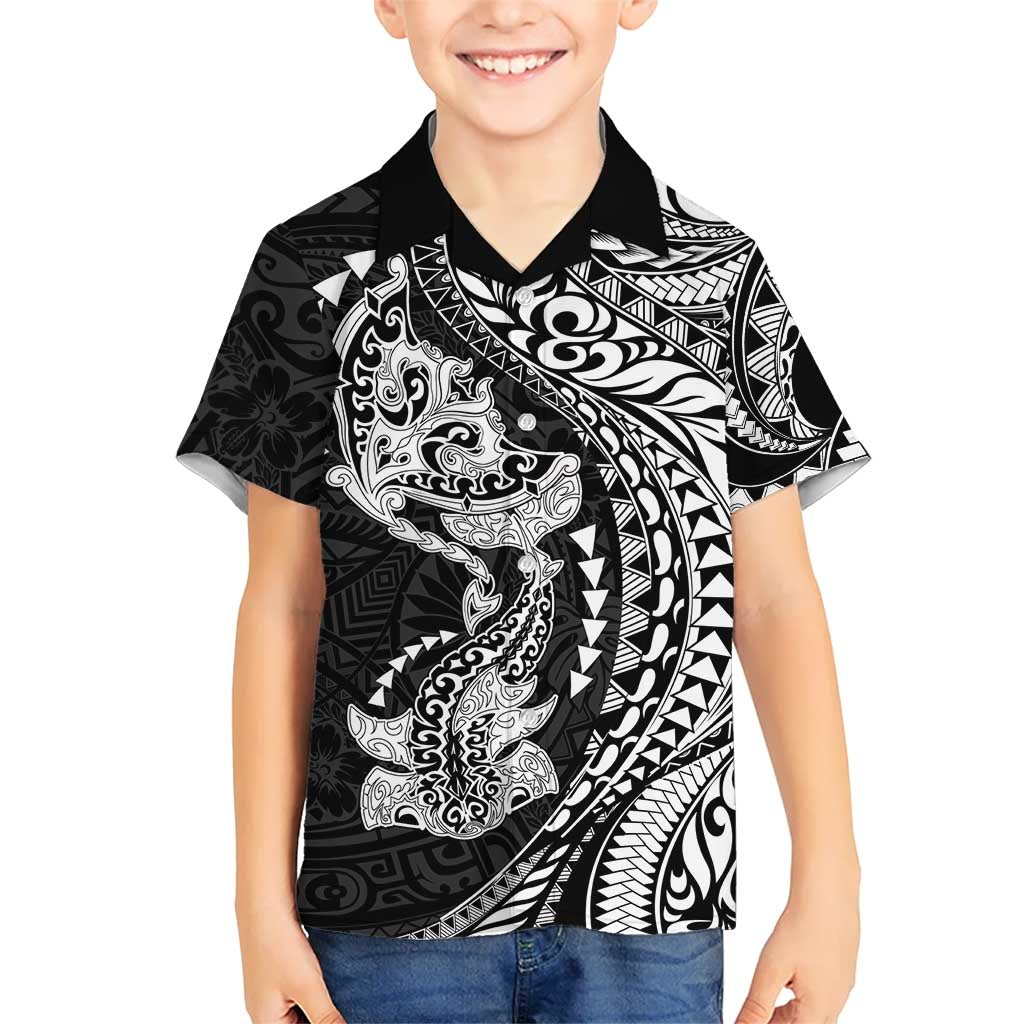 Hawaiian Manta Ray and Hammerhead Shark Tribal Tattoo Family Matching Off The Shoulder Long Sleeve Dress and Hawaiian Shirt with Polynesian Tribal Pattern Black-White Color