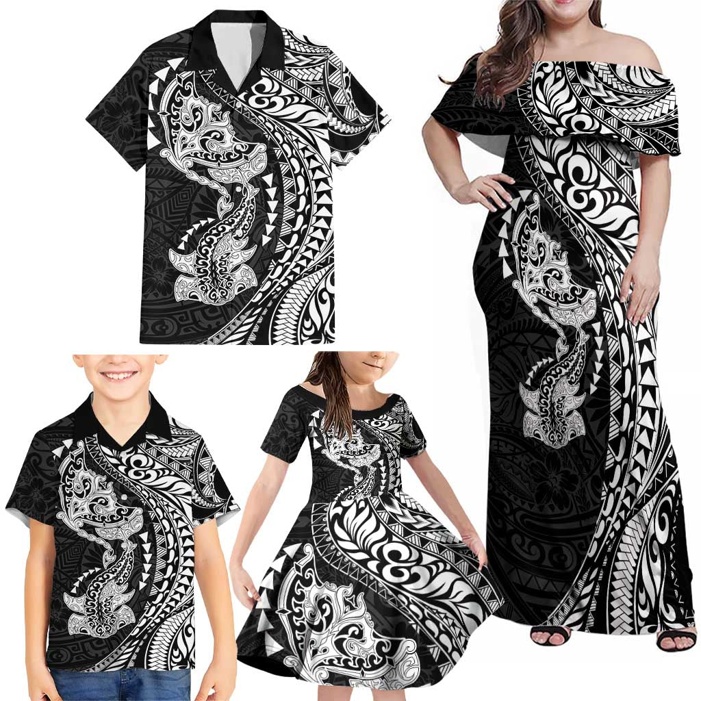 Hawaiian Manta Ray and Hammerhead Shark Tribal Tattoo Family Matching Off Shoulder Maxi Dress and Hawaiian Shirt with Polynesian Tribal Pattern Black-White Color LT03 - Polynesian Pride
