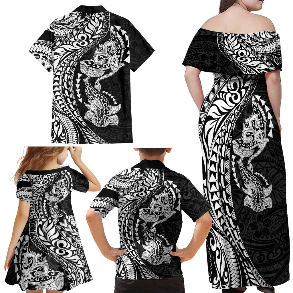 Hawaiian Manta Ray and Hammerhead Shark Tribal Tattoo Family Matching Off Shoulder Maxi Dress and Hawaiian Shirt with Polynesian Tribal Pattern Black-White Color