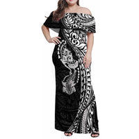 Hawaiian Manta Ray and Hammerhead Shark Tribal Tattoo Family Matching Off Shoulder Maxi Dress and Hawaiian Shirt with Polynesian Tribal Pattern Black-White Color