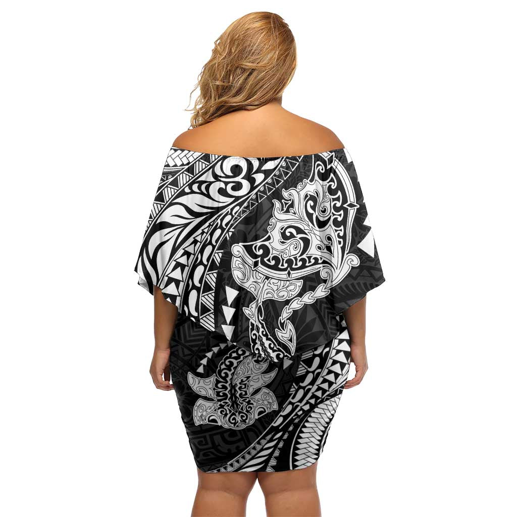 Hawaiian Manta Ray and Hammerhead Shark Tribal Tattoo Family Matching Off Shoulder Short Dress and Hawaiian Shirt with Polynesian Tribal Pattern Black-White Color