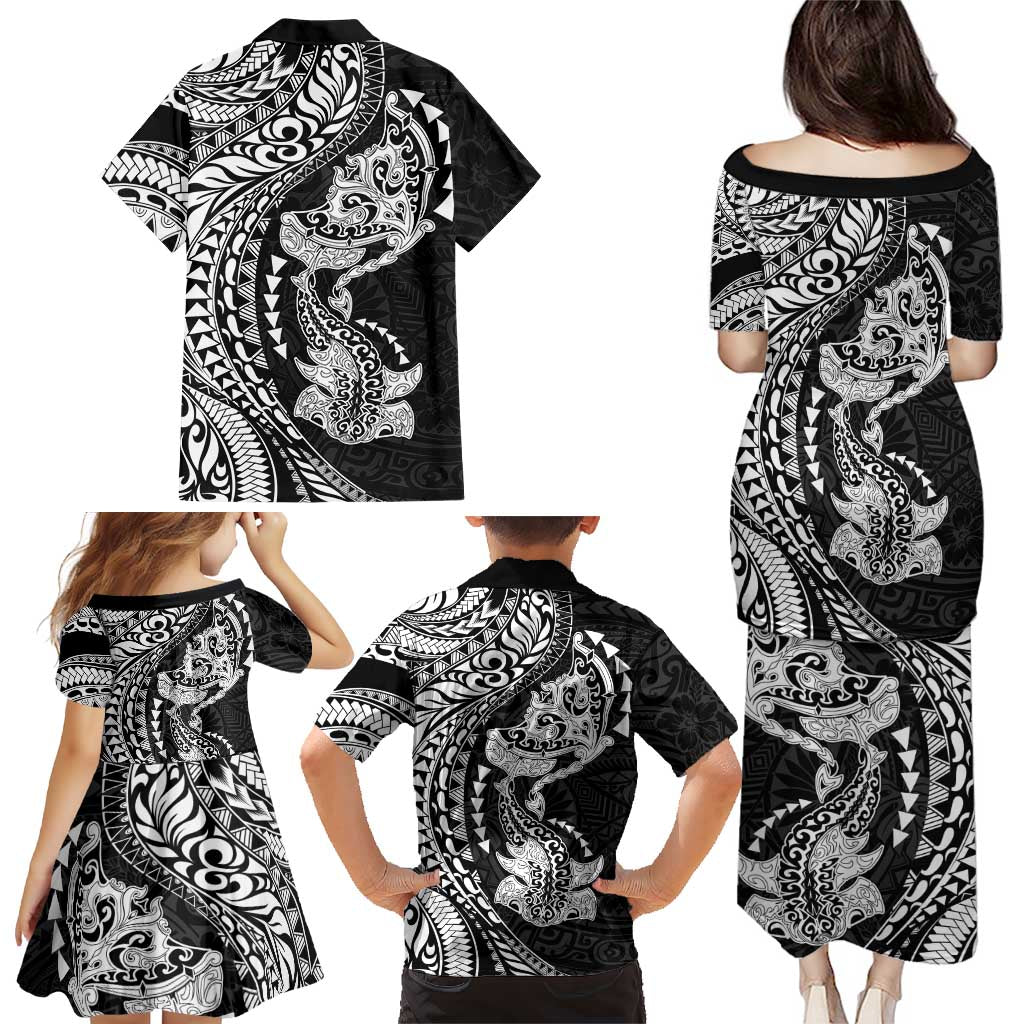 Hawaiian Manta Ray and Hammerhead Shark Tribal Tattoo Family Matching Puletasi and Hawaiian Shirt with Polynesian Tribal Pattern Black-White Color