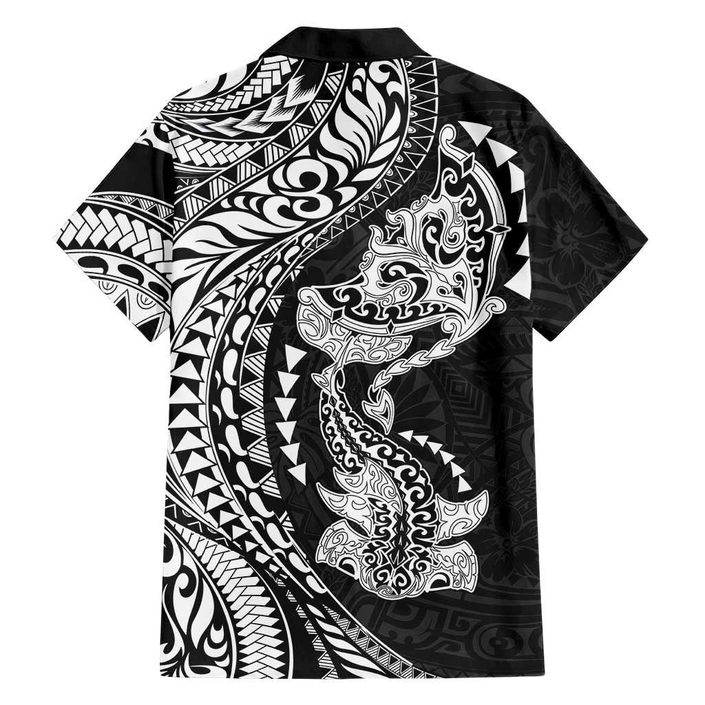 Hawaiian Manta Ray and Hammerhead Shark Tribal Tattoo Family Matching Puletasi and Hawaiian Shirt with Polynesian Tribal Pattern Black-White Color