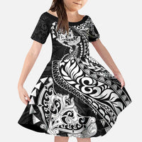 Hawaiian Manta Ray and Hammerhead Shark Tribal Tattoo Family Matching Short Sleeve Bodycon Dress and Hawaiian Shirt with Polynesian Tribal Pattern Black-White Color
