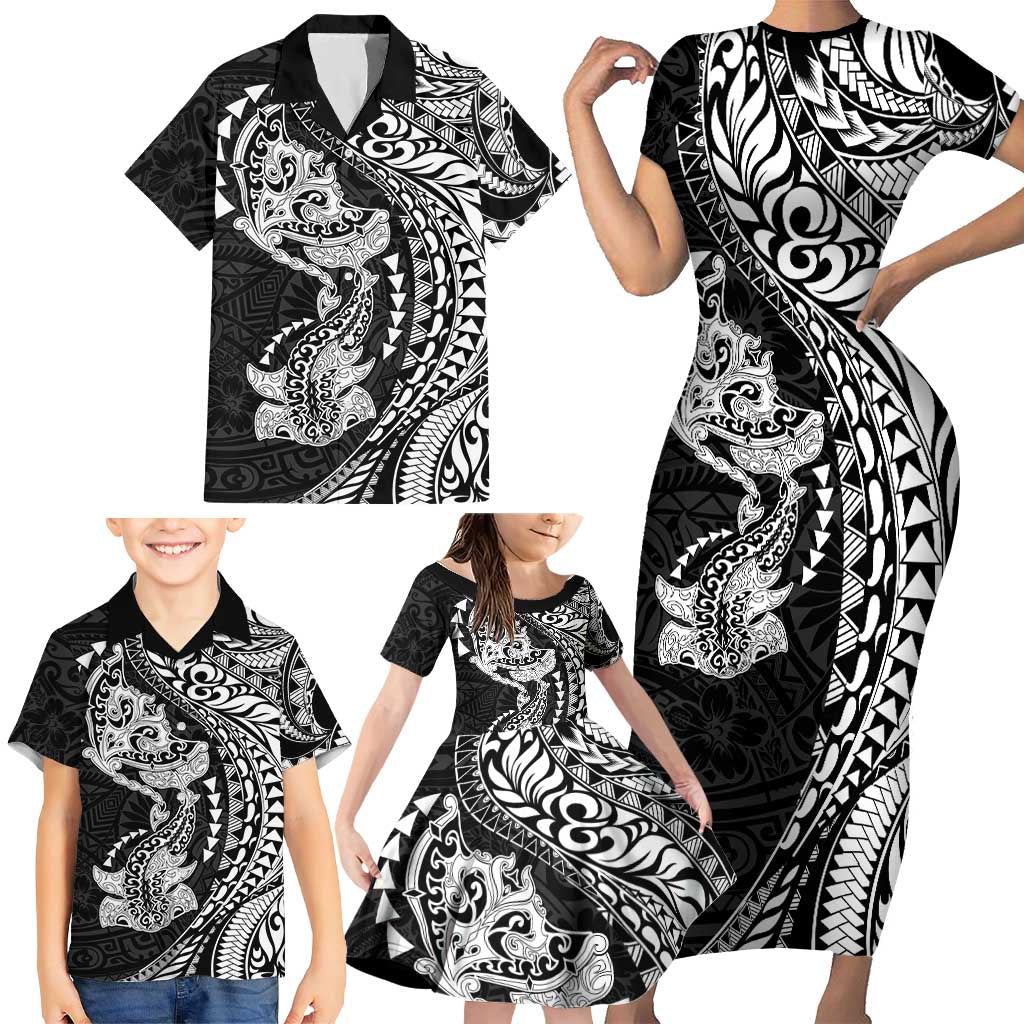 Hawaiian Manta Ray and Hammerhead Shark Tribal Tattoo Family Matching Short Sleeve Bodycon Dress and Hawaiian Shirt with Polynesian Tribal Pattern Black-White Color LT03 - Polynesian Pride