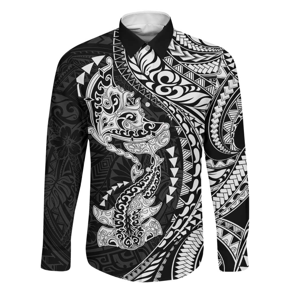 Hawaiian Manta Ray and Hammerhead Shark Tribal Tattoo Family Matching Short Sleeve Bodycon Dress and Hawaiian Shirt with Polynesian Tribal Pattern Black-White Color
