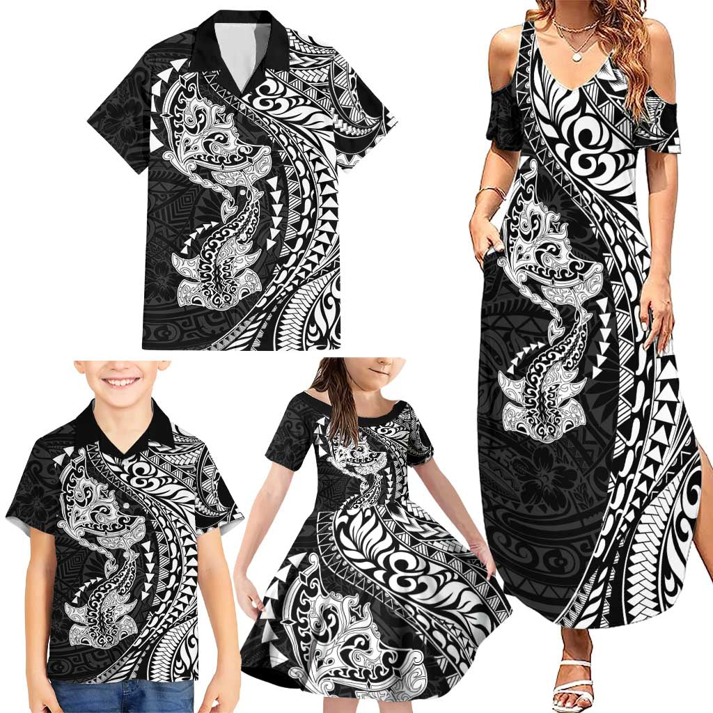 Hawaiian Manta Ray and Hammerhead Shark Tribal Tattoo Family Matching Summer Maxi Dress and Hawaiian Shirt with Polynesian Tribal Pattern Black-White Color