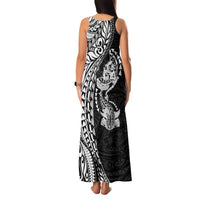 Hawaiian Manta Ray and Hammerhead Shark Tribal Tattoo Family Matching Tank Maxi Dress and Hawaiian Shirt with Polynesian Tribal Pattern Black-White Color