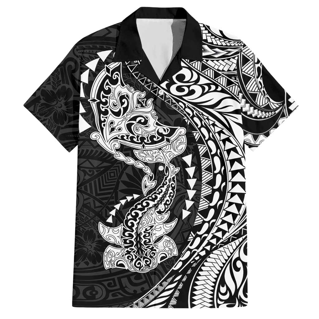 Hawaiian Manta Ray and Hammerhead Shark Tribal Tattoo Hawaiian Shirt with Polynesian Tribal Pattern Black-White Color