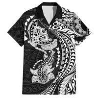 Hawaiian Manta Ray and Hammerhead Shark Tribal Tattoo Hawaiian Shirt with Polynesian Tribal Pattern Black-White Color