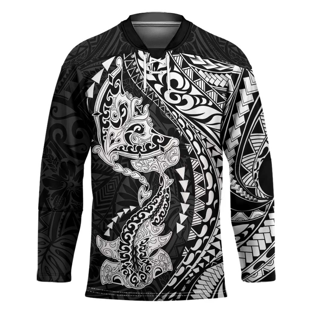 Hawaiian Manta Ray and Hammerhead Shark Tribal Tattoo Hockey Jersey with Polynesian Tribal Pattern Black-White Color LT03 Unisex Multicolor - Polynesian Pride